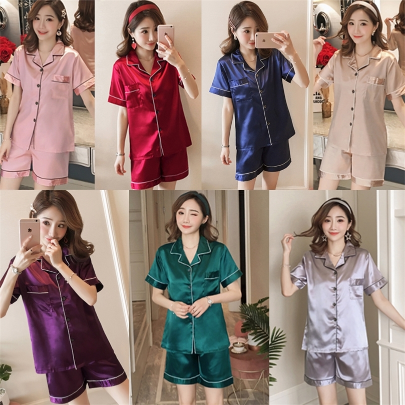 Spring Summer Women Pajamas Faux Silk Satin Pyjama Sets Short Sleeve Two Piece Sleepwear Top Pyjamas Set Homewear 4XL 5XL 220527