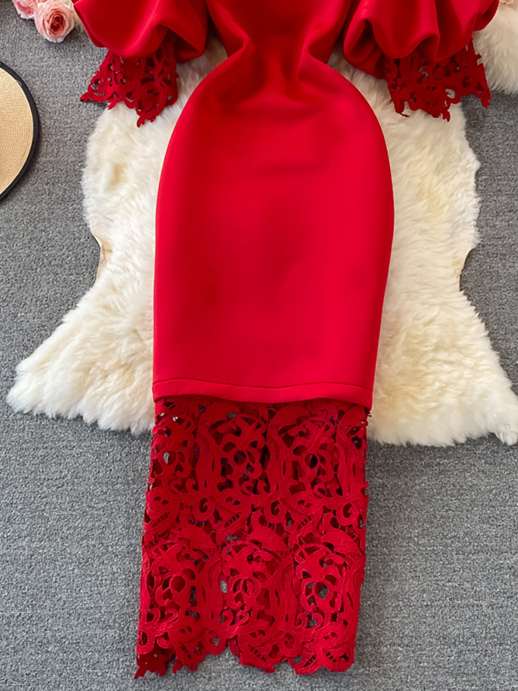 Sexy Hollow Out Lace Bodycon Long Dress Women Elegant Red/Pink/White Off Shoulder Patchwork Maxi Party Vestidos Autumn 220406