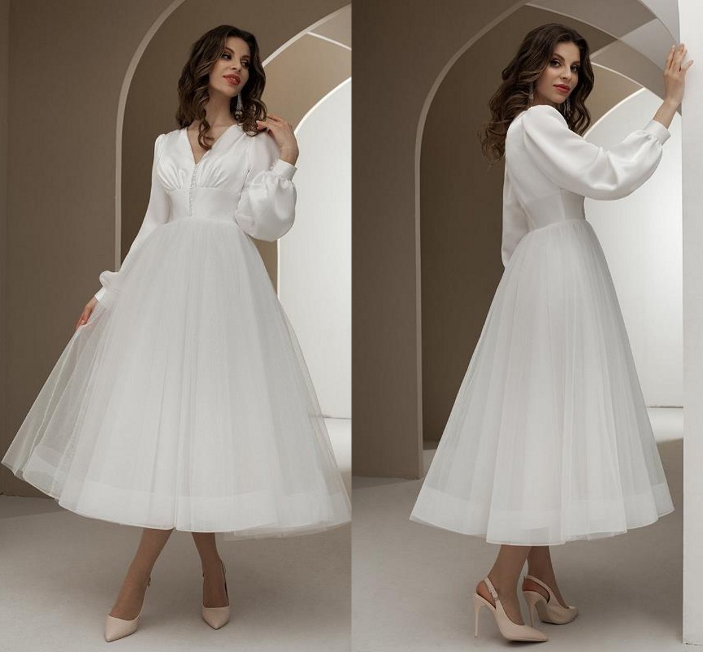 Ivory Satin Tulle Bridal Gown V-Neck Long Sleeves Short Tea Length A-Line Wedding Dresses 2022 Vestidos De Noiva