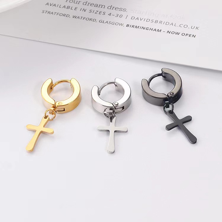 HipHop Stainless Steel Cross Hoop Earrings for Men Younth Titanium Steel Gold Silver Black Dangle Cross Earrings Christian Jewelry Gift Accessories Wh
