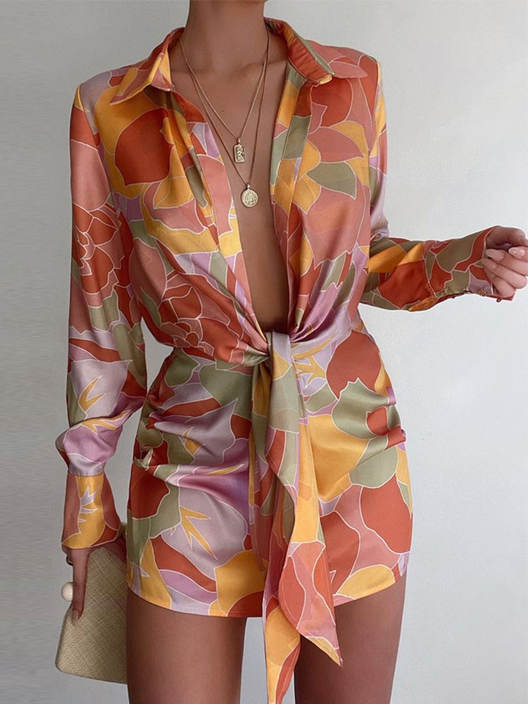 Spring Long-Sleeve Turn Down Neck Printed Lace-Up Office Ladies Shirt Dress Fashion Printed Sexy Slim Mini Dress Summer 220510