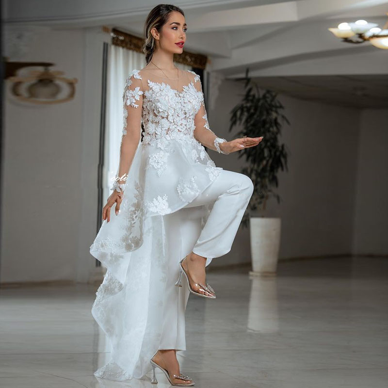 Modest Floral Appliques Sheath Wedding Dresses Front Short Back Long Pants Bridal Gown Button Back Beach robe de mariage