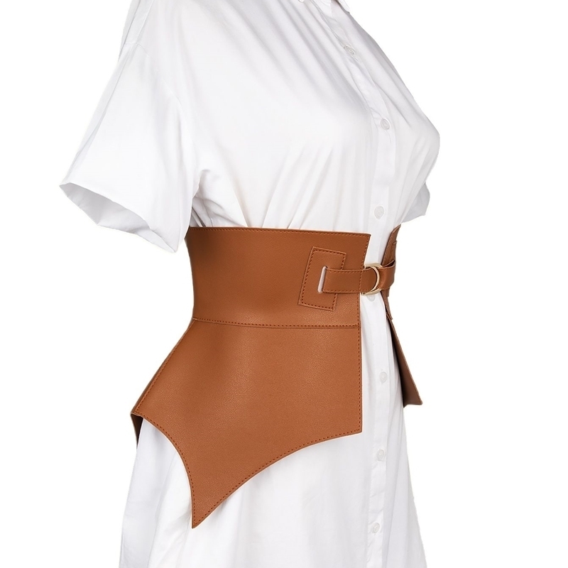 Brown Irregular Pu Leather Long Wide Belt Punk Style Women Fashion Autumn Winter PU Waistband Corset Belts 220615