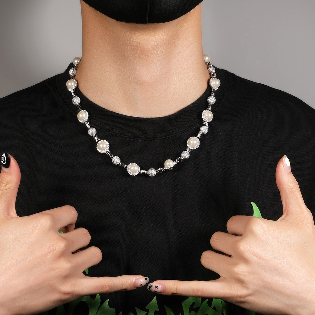 Hip Hop Pearl Necklaces Bling Diamond Stone Men's Personality Trend Retro Stacked Chain Sweater Accessories