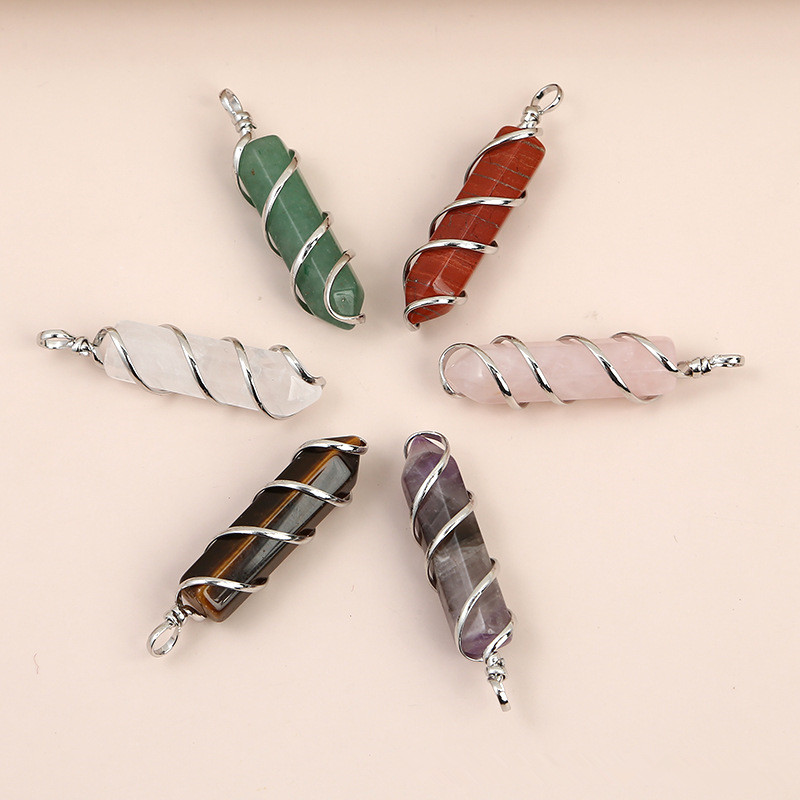 Natural Stone Wire Wrapped Hexagonal Prism Healing Chakra Crystal Charms Pendants For Diy Earrings Necklace Jewelry Making
