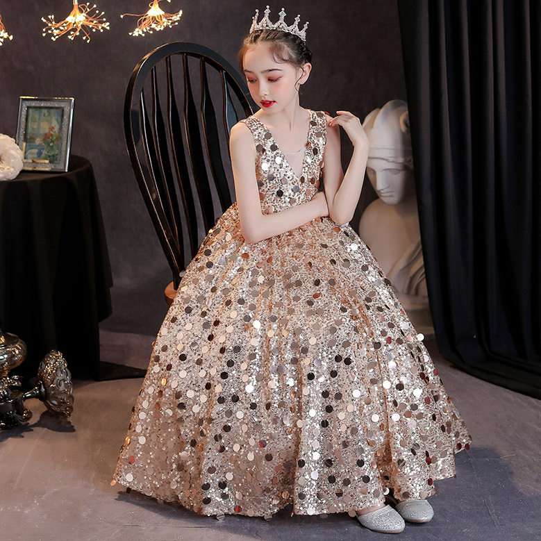 2023 Gold Crystal Flower Girls Dress Pageant Dresses Ball Gown Beaded blingbling Toddler Infant Clothes Little Kids princess Birthday Gowns
