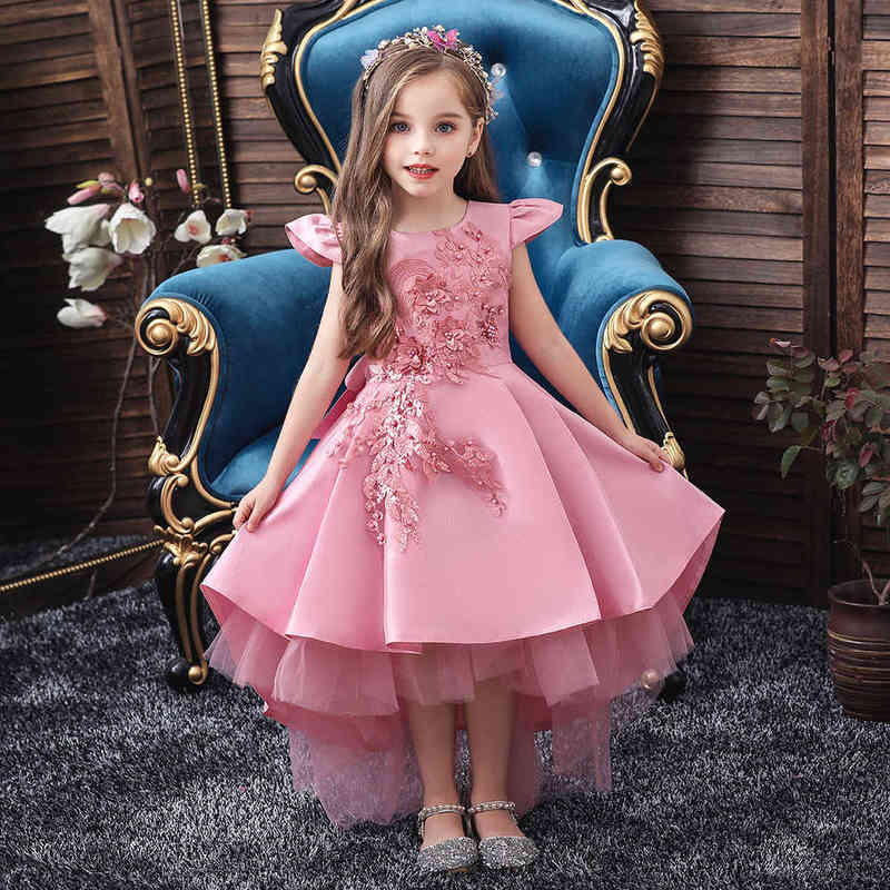 New Cute Dress Child Girl Knee Length Mesh Flower Gown for Girls Trailing Baby Girl Birthday Dresses for 3 Years Old Y220510