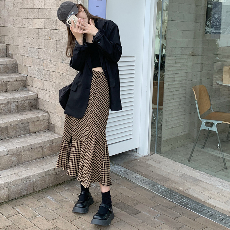 Slim Vintage High Waist Plaid Mermaid Skirt Women Split Autumn Mid Faldas Mujer Fashion OL Temperament Trumpet Sexy Street 220322