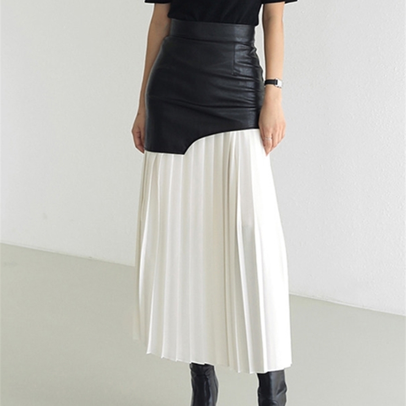 DEAT White Long Autumn Leather Patchwork A-line Wrap Hip Temperament Fashion Women's Pleated Skirt 7Z206 220317