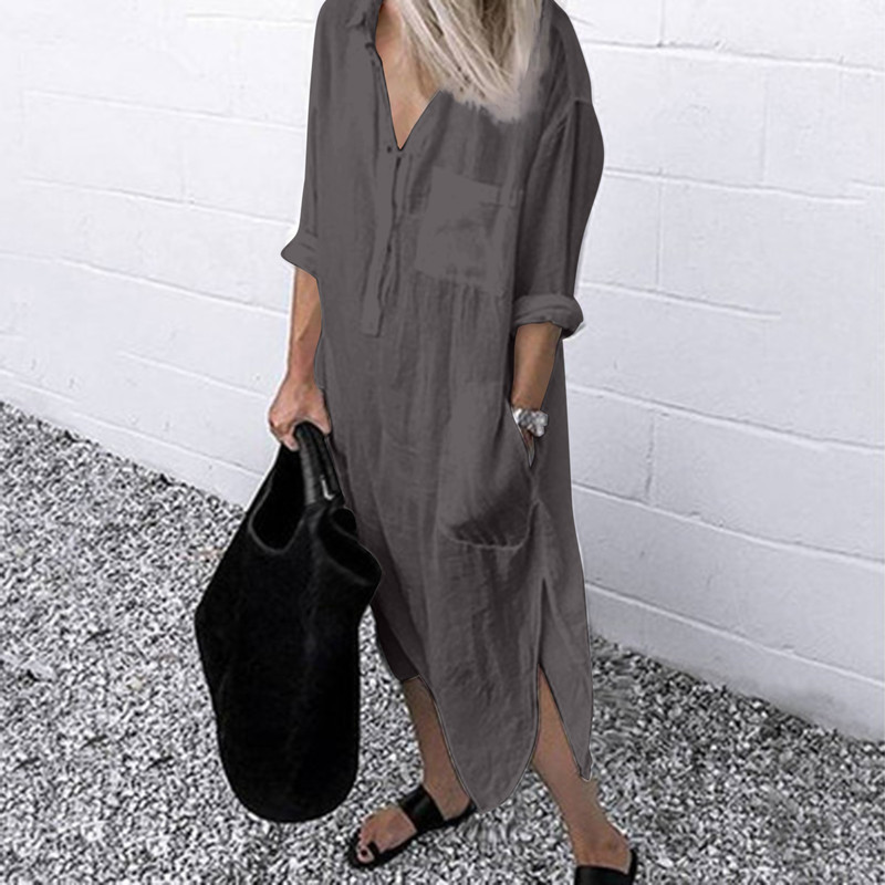 Long Summer Dress Women Linen Sundress V Neck Solid Color Slit Pocket Button Shirt Loose Holiday Beach Party 220622
