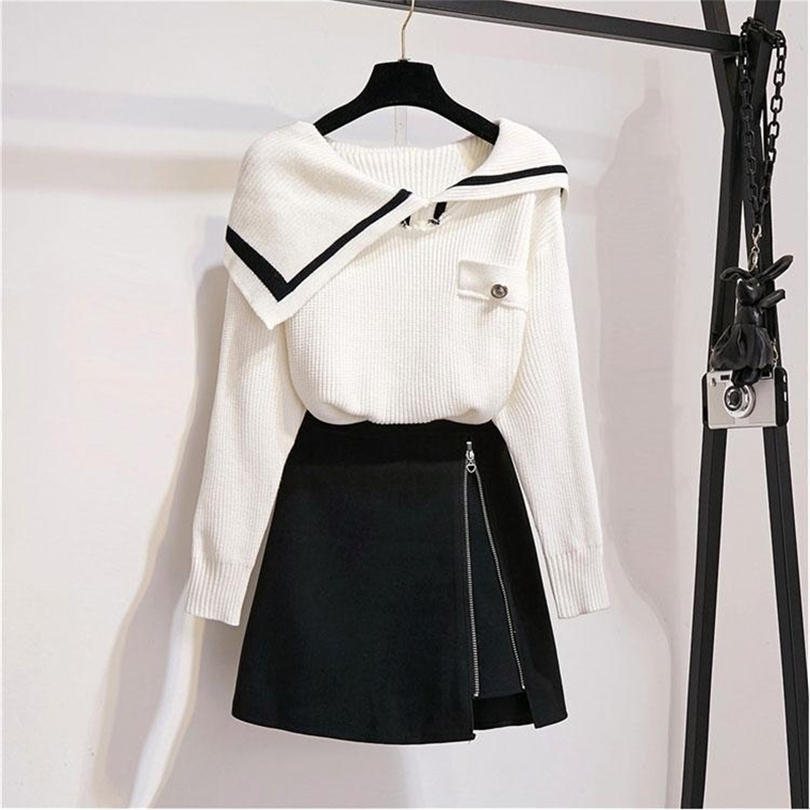 ICHOIX 2 piece skirt set student Korean style sweet women 2 piece set fall white knitted sweater casual two piece outfits T200325