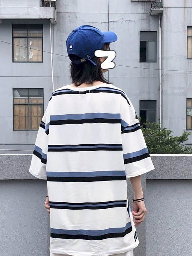 Hip Hop Short-sleeved T-shirt Women T Shirt Couple Japanese Simple Striped Half-sleeved Summer Korean Loose Student Black Top 220328