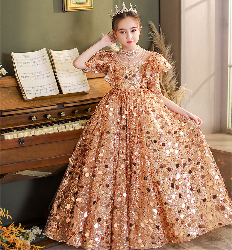 2023 Bling Crystal Flower Girls Dresses For Teens Tulle Floor Length Beach Gold sequined Girl Pageant Party Gowns Tulle Skirt Formal Kids Wear