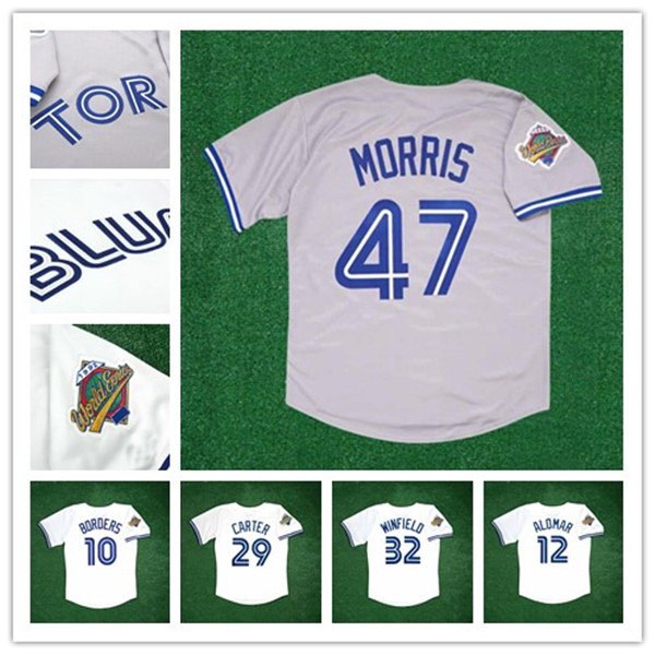 

1992 Toronto Vintage WS Baseball Jerseys 10 Pat Borders 29 Joe Carter 12 Roberto Alomar 32 Dave Winfield 9 John Olerud 36 David Wells White Blue 47 Jays Jack Morris, Man nk coolbase white