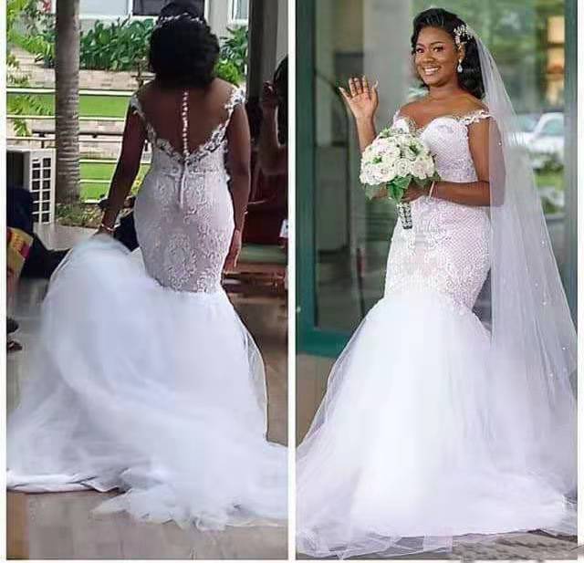 African White Lace Mermaid Wedding Dress With Brown Nude Back Button Illusion Long Wedding Gowns For Bride 2022 Tulle Bridal Dresses Robe de Mariage