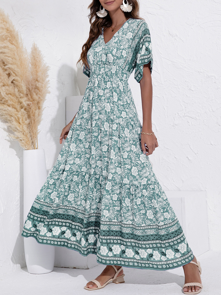 ATUENDO Summer Bohemian Dress for Women Fashion Solid Green Maxi Robe Casual Wedding Guest High Waist Dresses Drop Link 220510