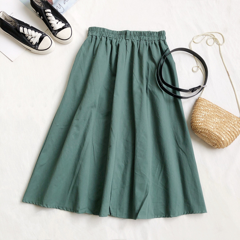 PEONFLY Autumn Korean Casual Cotton Midi Long Skirt Women Button Pocket Belt A Line High Waist Midlength Skirt Female 220701