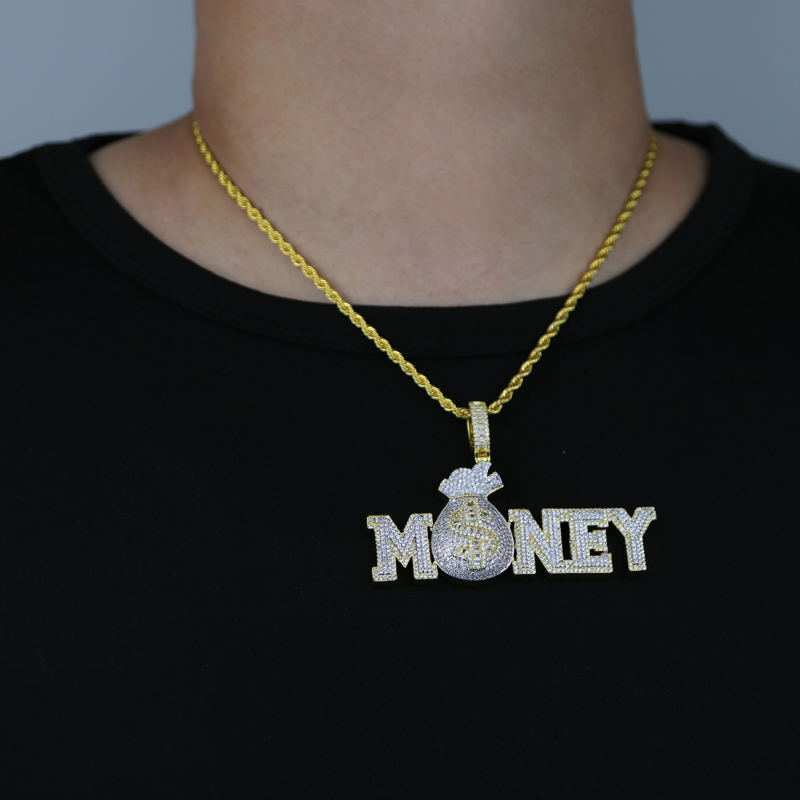 Gold Silver Color MONEY BAG Letter Pendant with Rope Chain Iced Out Cubic Zirconia Pendants Hip Hop Jewelry Gift for Women Men