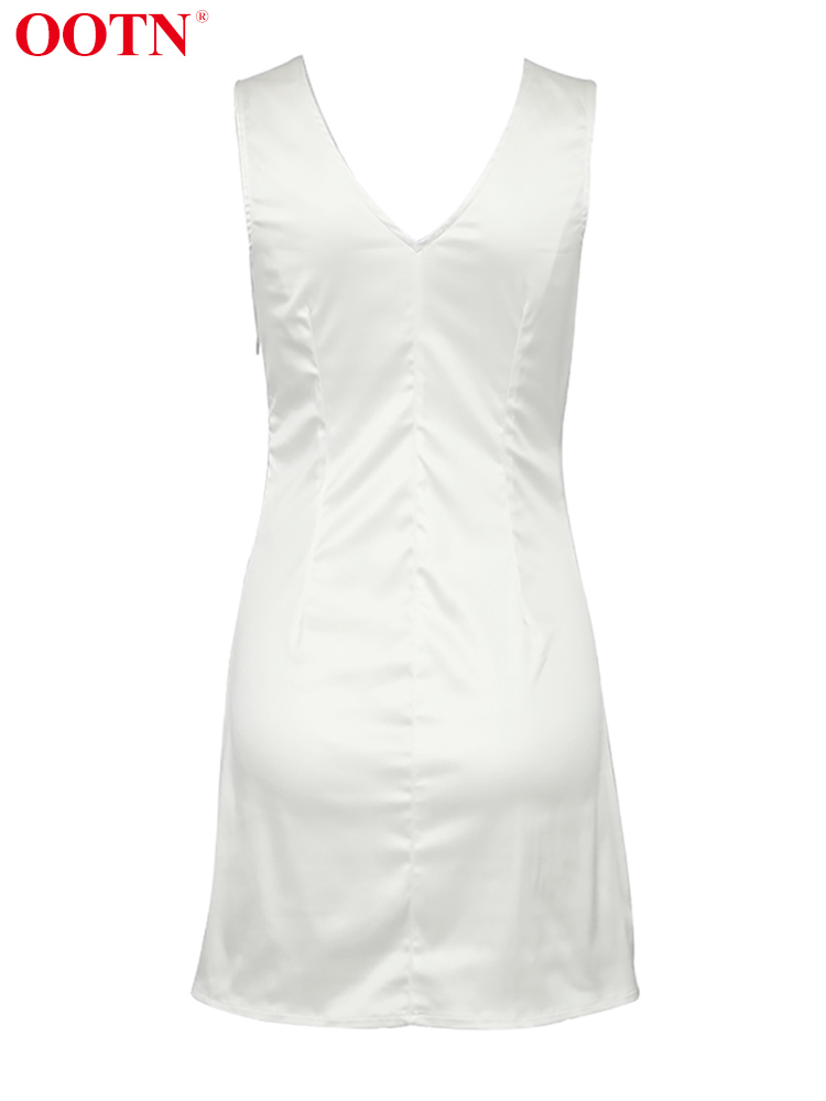 OOTN Sexy Sleeveless Short White Dress Silk Elegant Deep V-Neck Dress Female Casual Summer High Waist Satin Dresses Ladies 220511