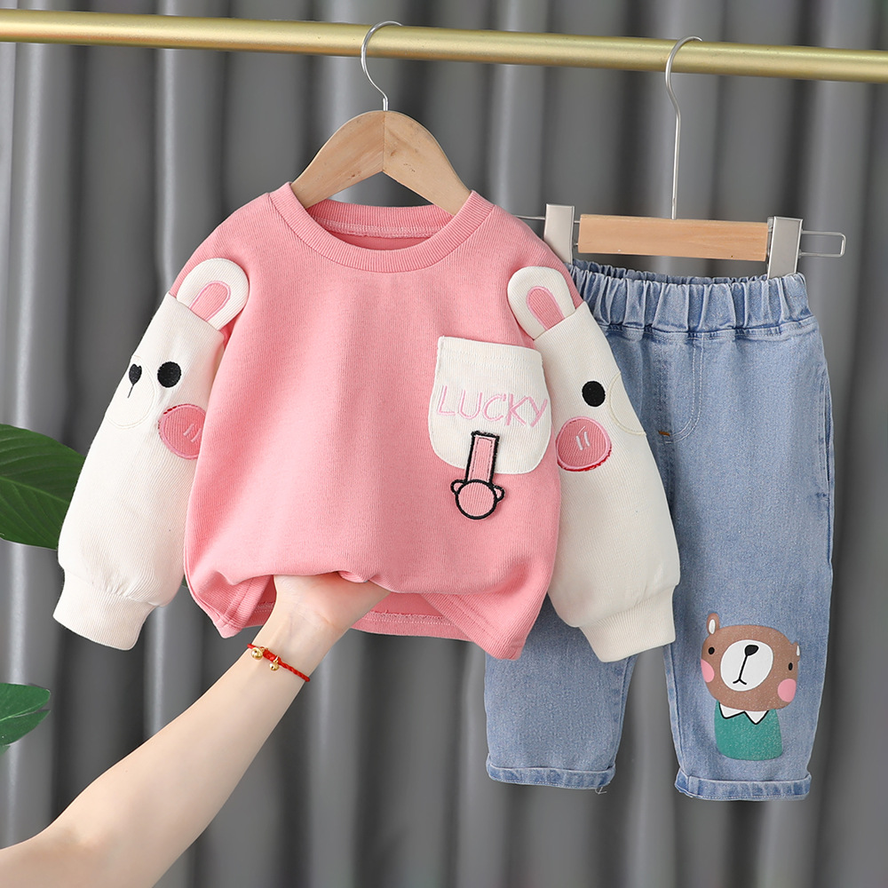 Spring Autumn Children Girls 2PCS Clothing Set Embroidery Cartoon Cotton Sweatshirts Jeans Pants Baby Girls Clothes Suit