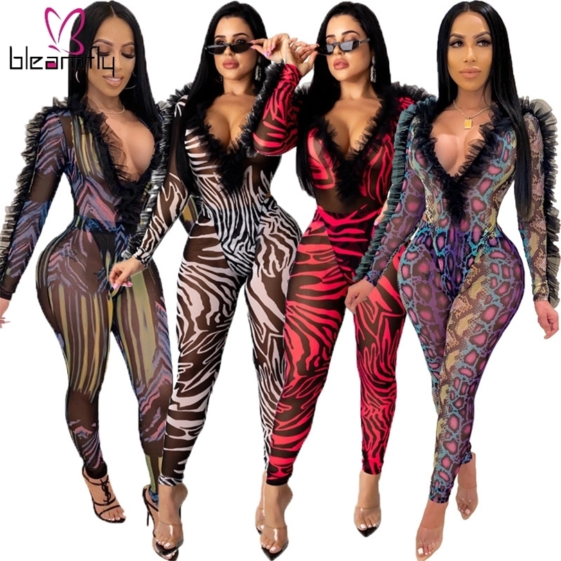 Sexy Mesh Sheer Two Piece Set Women Rave Festival Clothing Long Sleeve Ruffles Bodysuit Pant Matching Sets 2 Piece Club Outfits
