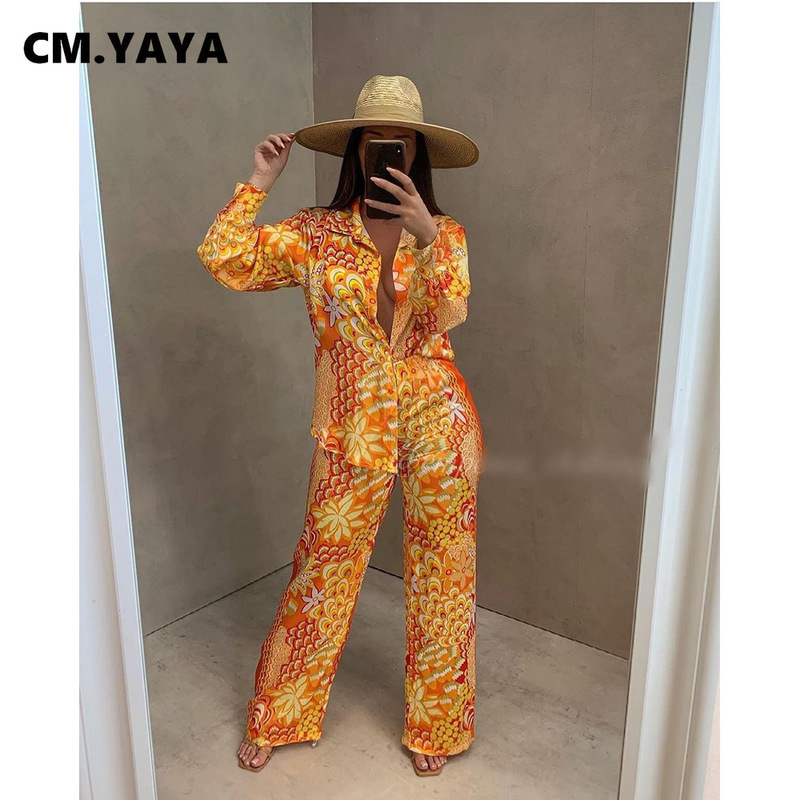 CM.YAYA Autumn Winter Peacock Women's Set Button Up Blouse Shirt Tops and Pants Elegant Tracksuit Two Piece Fitness Outfits 220315