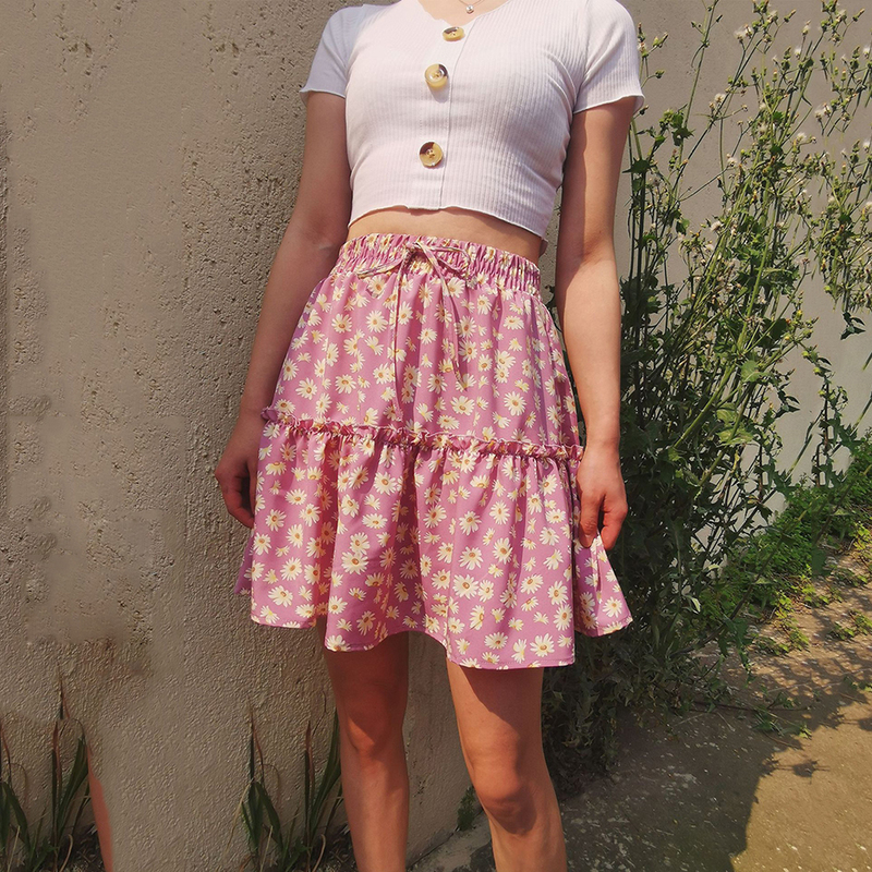 Summer Floral Print Boho Mini Skirt Women Sexy Bandage High Waist Frills Short Skirt Female Pleated Skirts 220611