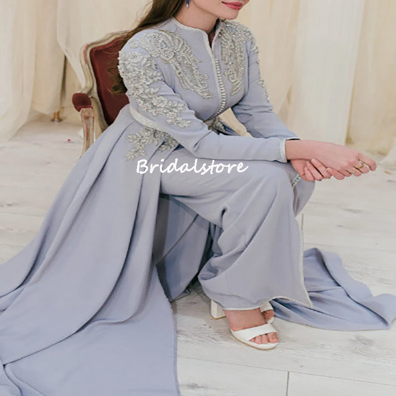 Chic Dusty Blue Arabic Turkey Evening Dress Jumpsuit Overskirt Train Long Sleeve Prom Dresses 2022 Algerian Moroccan Party Gown Formal Outfit Receptio