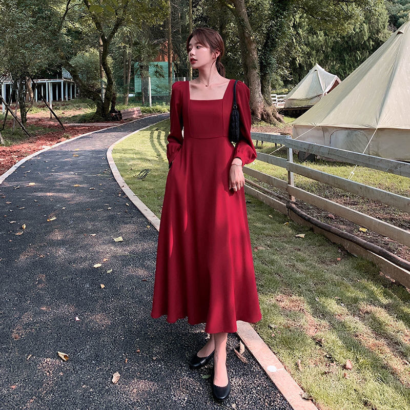 Long Sleeve Dress Women Holiday Elegant Ankle length Female Square Collar Simple Trendy Korean Style Leisure Streetwear Slim Ins 220613