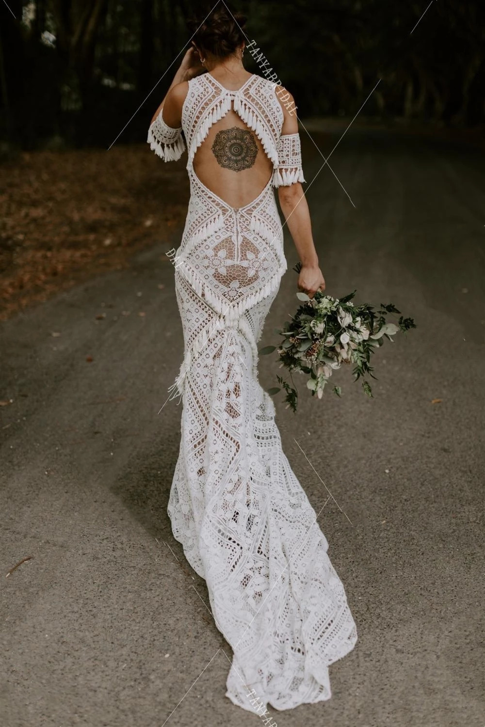 Mermaid Tassel Beach Wedding Dresses Nude Lining crochet Lace cotton Bridal Gowns Rue De Soriee Bohemian Vestido De Noivas