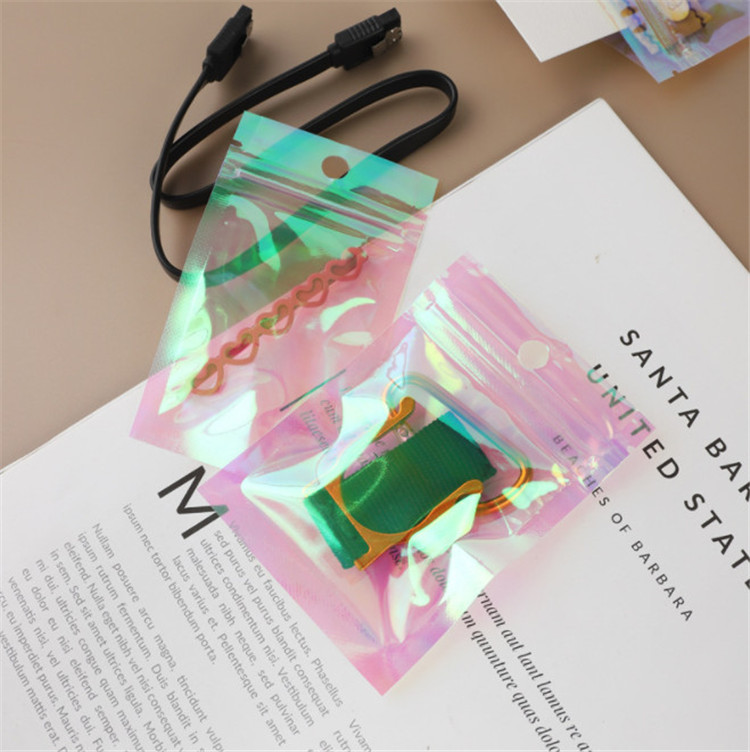 100pcs Cute Rainbow Film Laser Self Sealing Packaging Bags Resealable Jewelry Trinkets Nail Beauty Eyelashes Beads Snack Coffee Beans Hanging Hologaph