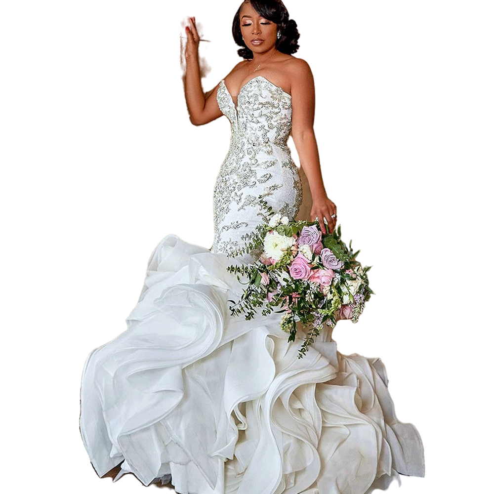 African Ruffles Tiers Mermaid Wedding Dresses Appliques Long Sweetheart Bridal Gowns Back Lace-Up Corset Modern Bride Dress 2022