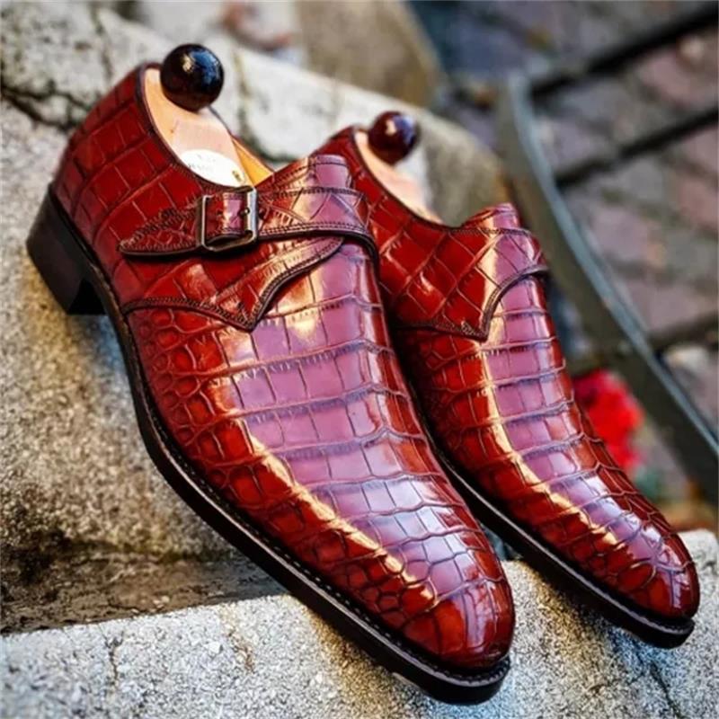 Men Elegant Monk Shoes PU Solid Color Retro Square Buckle Crocodile Pattern Fashion Business Casual Wedding Daily Dress Shoes