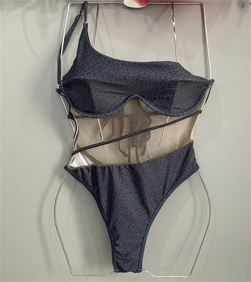 One Shoulder Leopard Swimsuits Padded Push Up Women's Swimwear Outdoor Beach Swimming Bandage One-piece Swimsuits