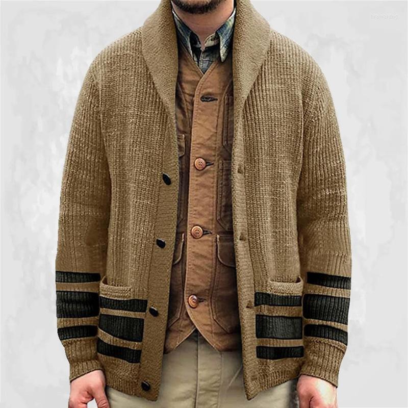 Men's Sweaters Men's Knit Jacket Lapel Long Sleeve Jacquard Cardigan SweaterMen's, Khaki
