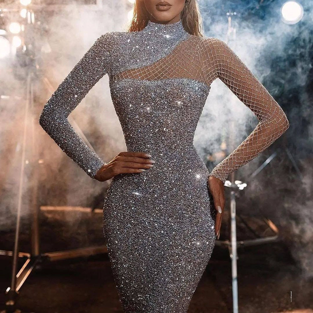Silver Hollow Out Cocktail Gown long Sleeve Evening Party Dress Maxi Autumn Cultivate one's morality net yarn sequined gowns