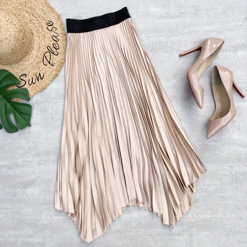 SURMIITRO Spring Summer Satin Midi Long Pleated Skirt Women Korean Style Blue High Waist Mid-Length A Line Female 220317