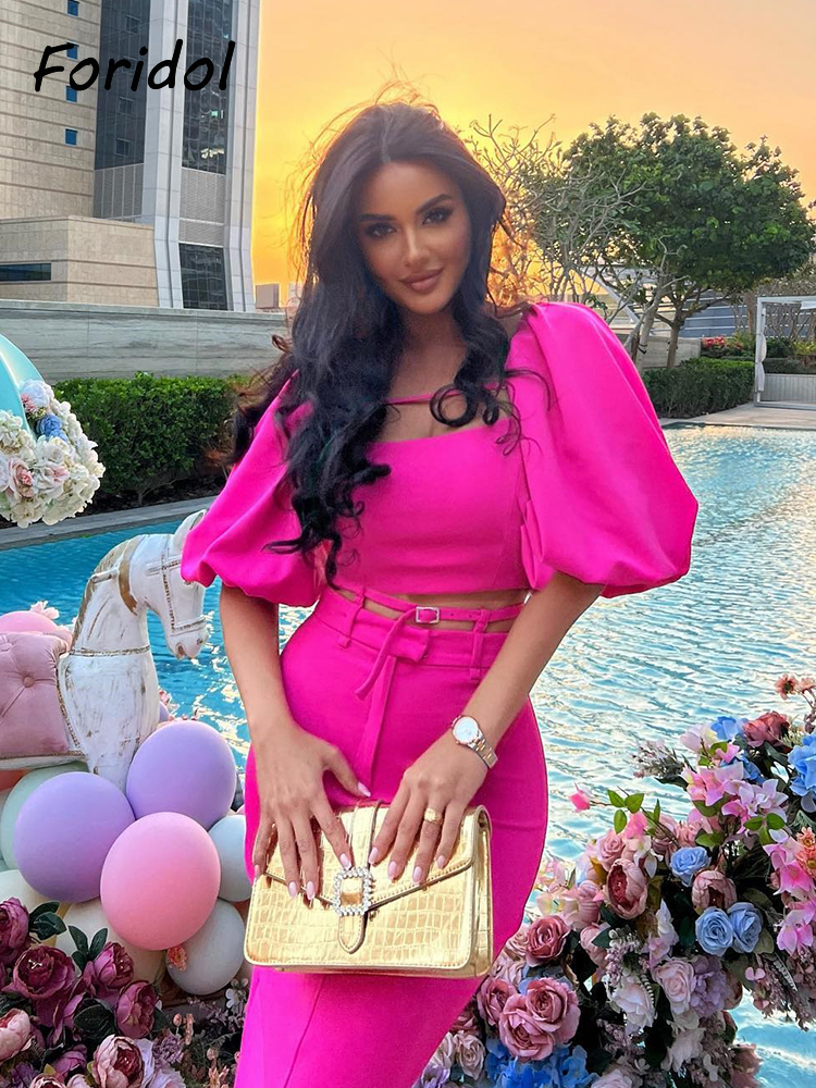 Rose Red Lantern Sleeve Vintage Women Dress Sets Elegant Buckle Strapy Straight Half Sleeve Backless Midi Party Dress Suits 220511