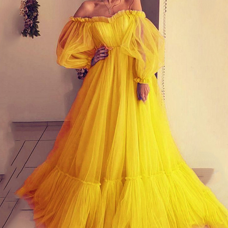 Elegant Dusty Blue Evening Dress Gown Off Shoulder Puff Prom Dresses Pleats V Neck Tulle Formal Party Gown Vestidos De Fiesta