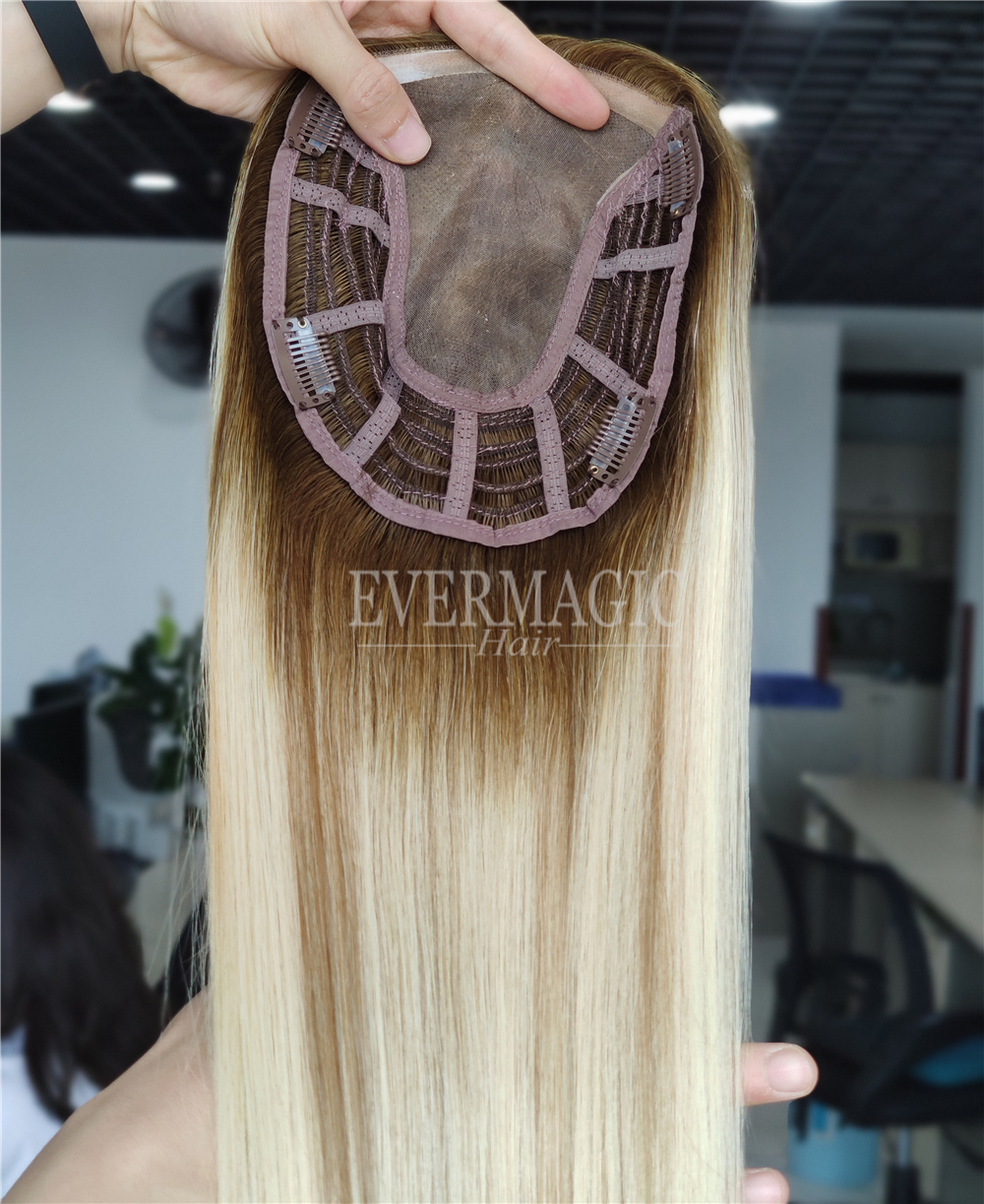 New Coming Stock Balayage Ombre Blonde Color Human Hair pieces Toppers Mono With Open Weft Base for hair loss Thinning Women