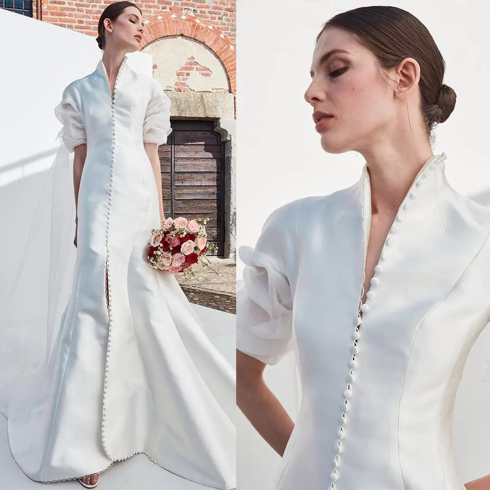 White A-line Wedding Dresses Satin Buttons Beaded Lace Appliques Floor Length Short Sleeves Bridal Train Custom Made High Neck Lace Train Sequins Wedd