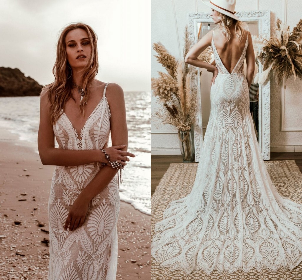 Spaghetti Straps beach wedding dresses summer holiday V-Neck Open Back Sweep Train Lace Bohemian Boho bridal gowns