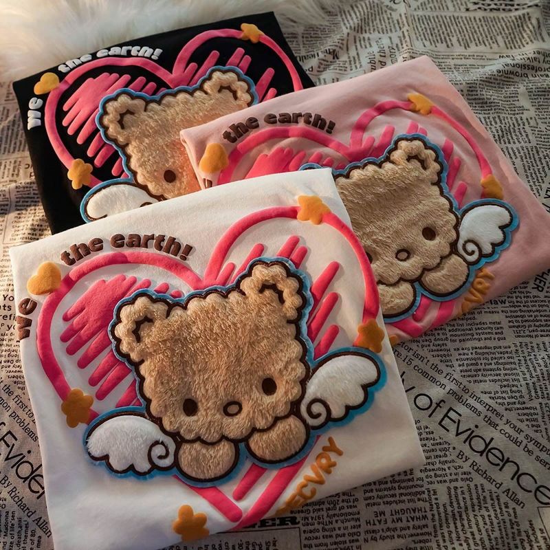 ins Heart Print Plush Bear Super Cute T Shirts Women Oversized Cotton Tshirts Summer Tees Fashion Female Vintage Tops 220321