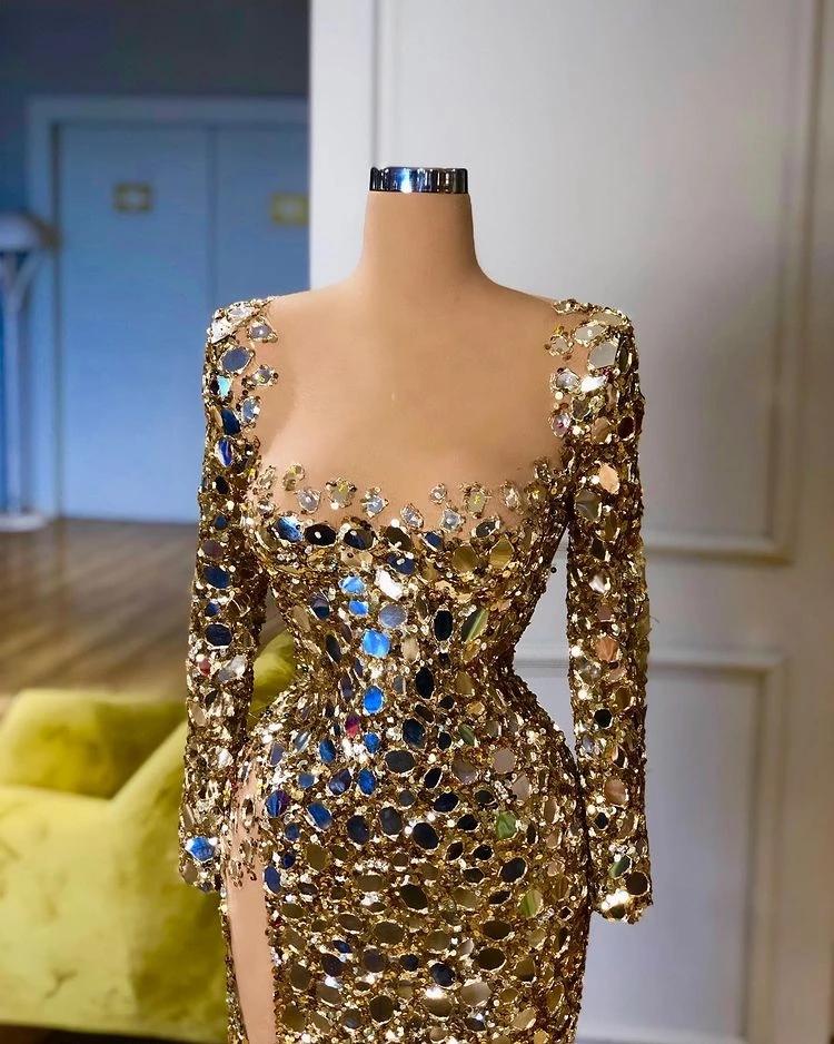 Gold Sexy Mermaid Evening Dresses 2022 long sleeve High Split Sequined diamonds Plus Size Prom engagement Pageant gown Vestidos De Fiesta