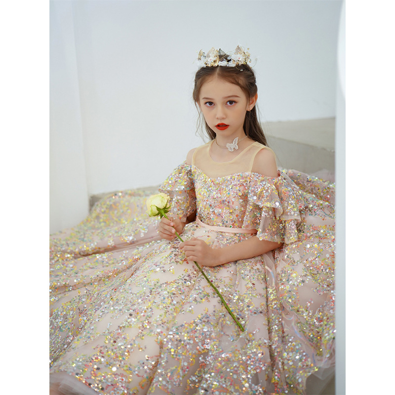 2023 Flower Girls Dresses Sheer Neck Long Sequined Hand Made Flowers Kids Formal Birthday Party Wear Lace Satin Girl Dress for Wedding