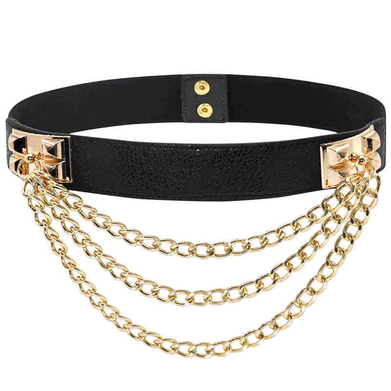 

Women Gift Dress Belt Lazy Punk Gold Chain Daily Wide Metal Rivet Elastic Dating Waistband Luxury PU Leather Y220419, Black