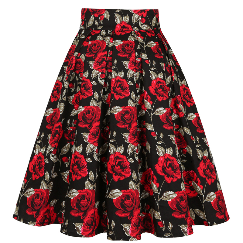 High Waist Floral Rockabilly Pleated Skirts Womens Summer Red Rose Flower Boho Vintage Skirt Midi Plus Size 3XL Clothing 220317