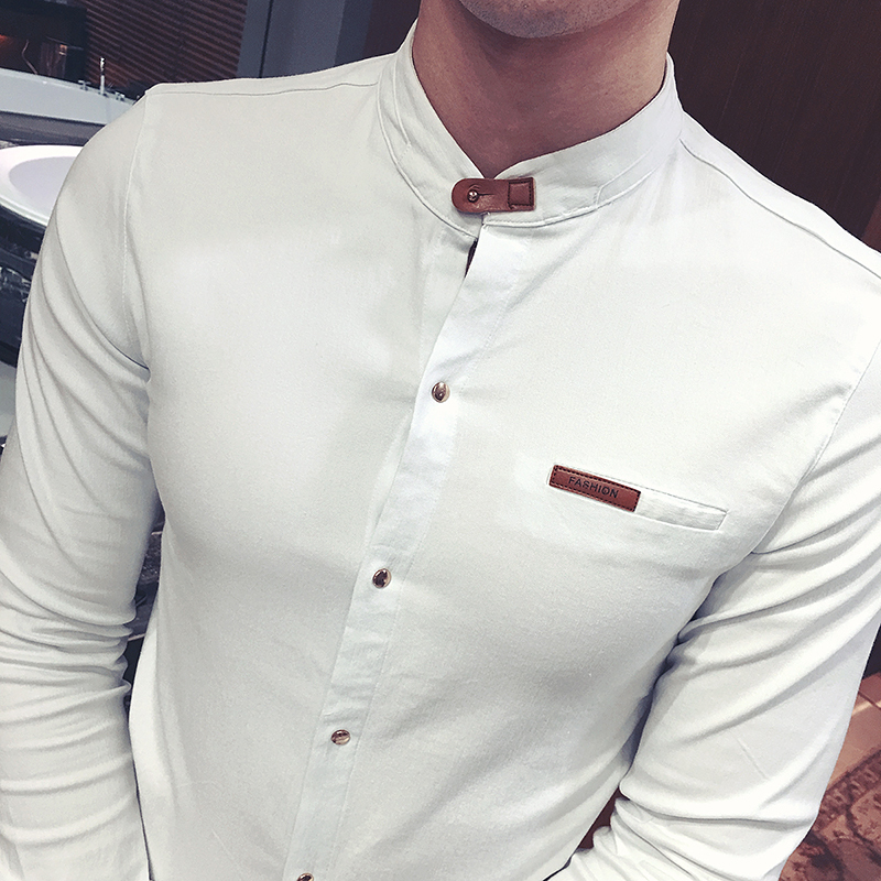 Slim Fit Solid Color Men's Long Sleeve European and American Fashion Stand Collar Shirt Large Size 220322