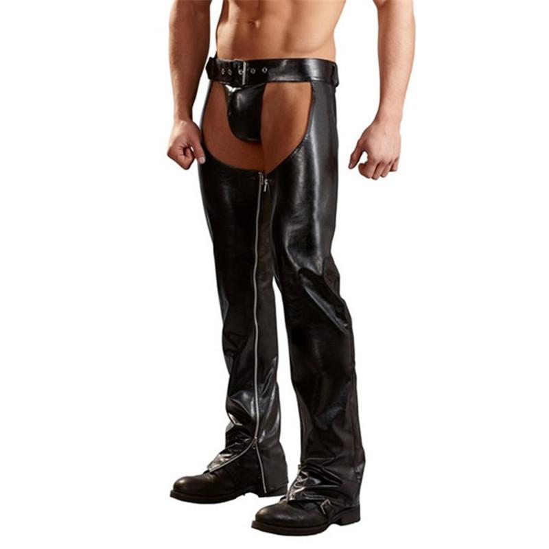 Men's Pants Sexy Mens Trousers Open Crotch PU Leather Latex Loose Long Thongs Fitness Clubwear Gay Wetlook Jogger PantsMen's