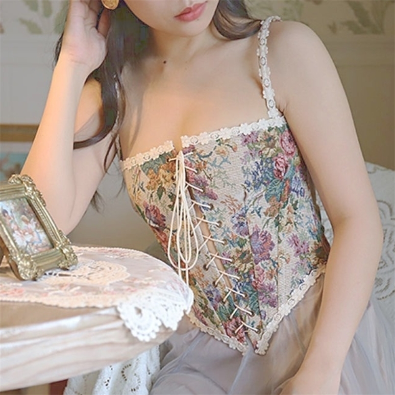 Floral Beach Party Sexy Bustiers Crop Women Backless Bandage French Vintage Halter Top Korean Boho Lace with Corset Summer 220316